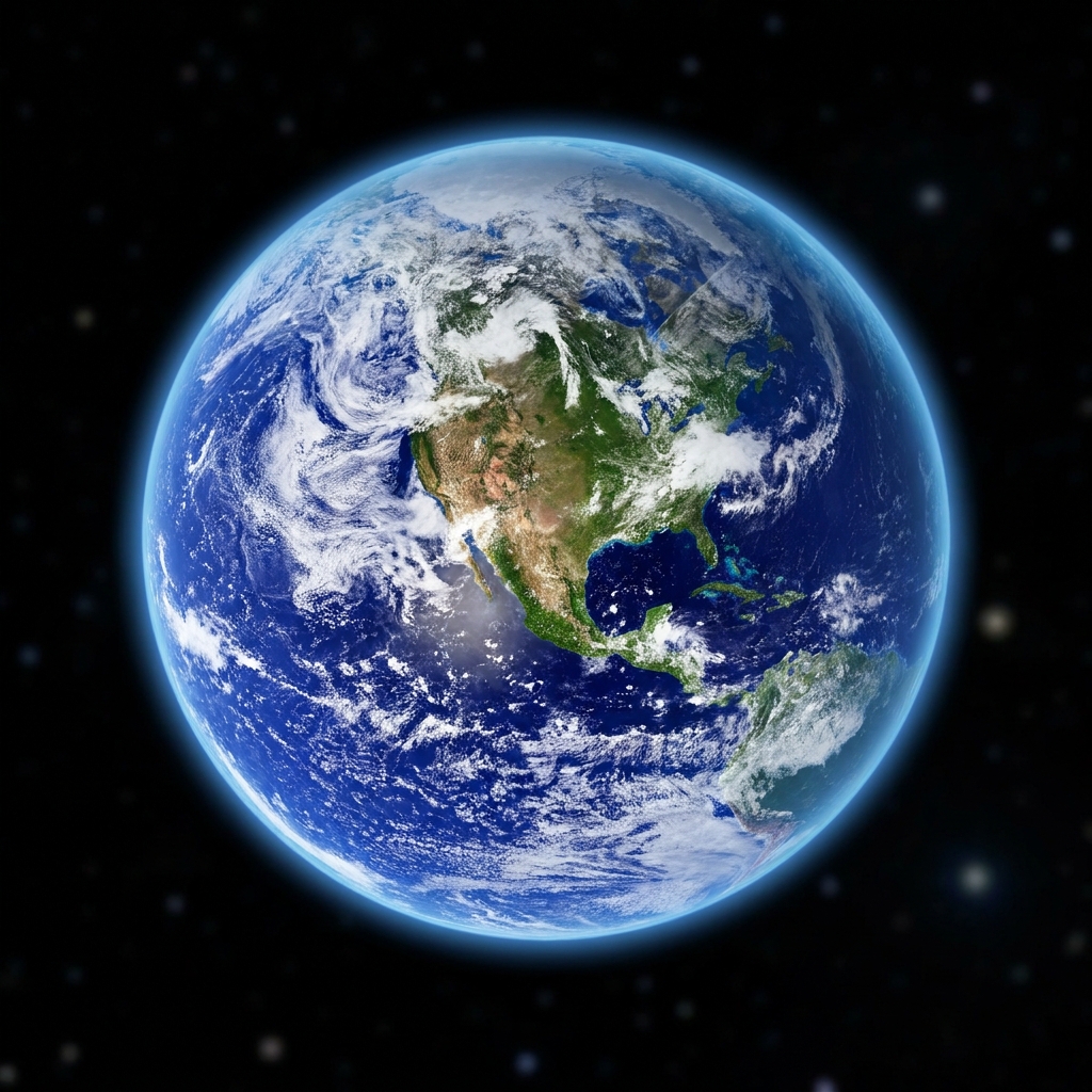 Planet Earth seen from space with blue oceans, green continents and swirling clouds